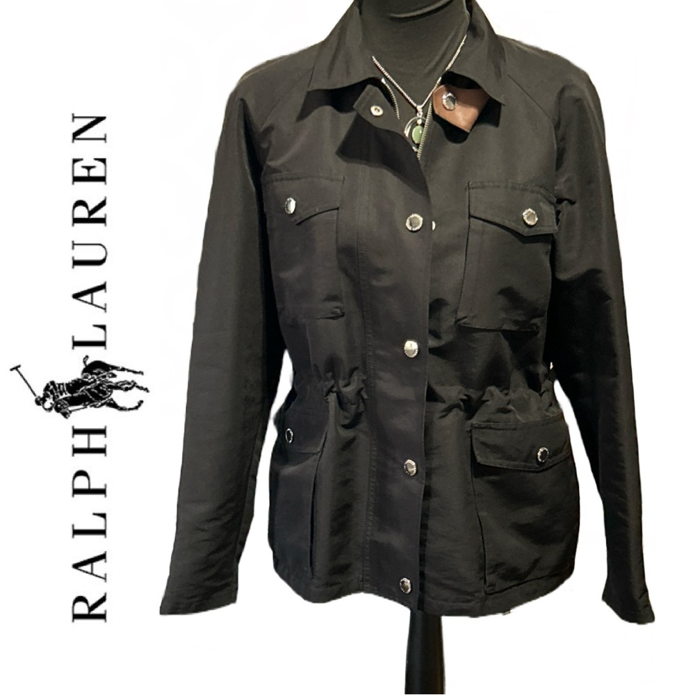 Ralph Lauren Women’s Black Drawstring Jacket‎ Lamb Leather Trim - Size PL